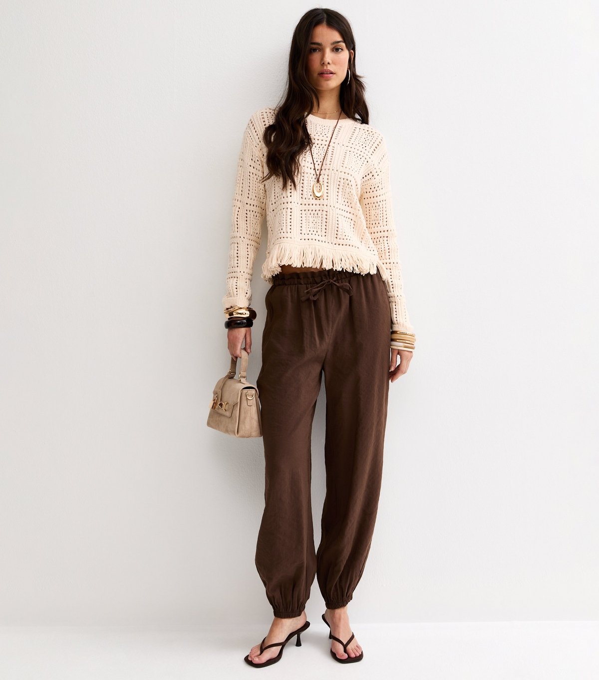 New Look Women's Oatmeal Cotton Rich Square Cut Out Fringed Jumper New Look - 3