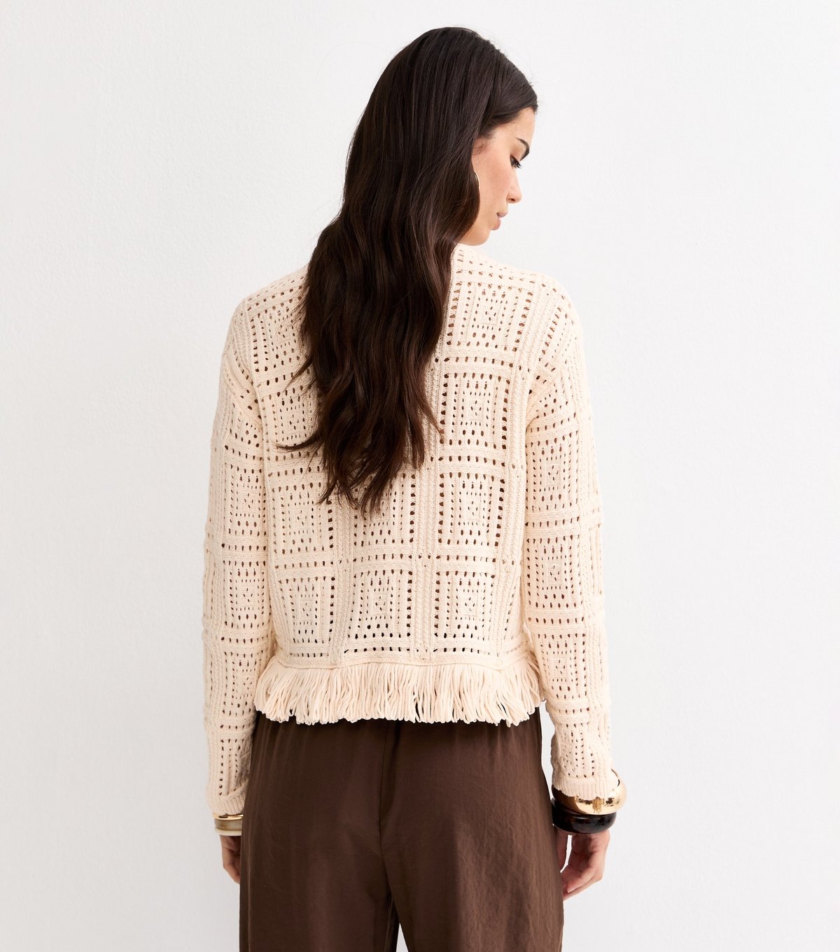 New Look Women's Oatmeal Cotton Rich Square Cut Out Fringed Jumper New Look - 4