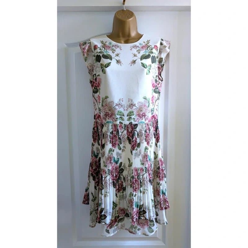 Oasis Oasis Cream Pink Rose Floral Pleated Layered Short Chiffon Dress Size 12