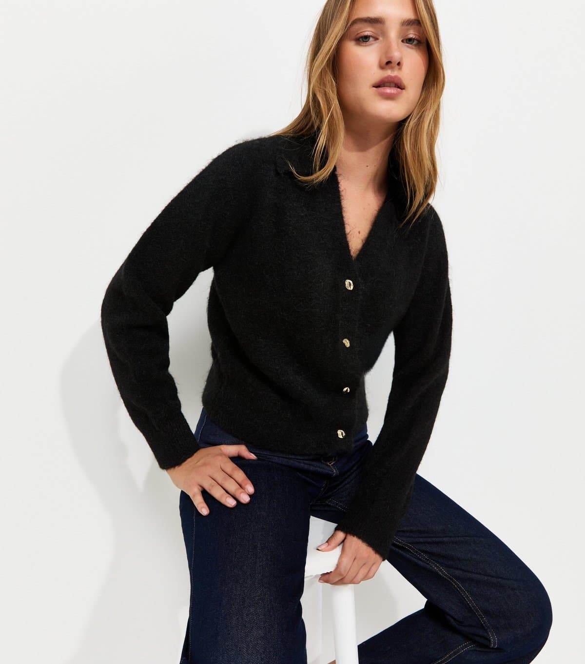 New Look New Look Black Knitted V-Neck Collared Cardigan