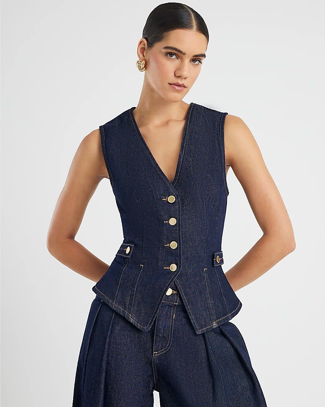 River Island River Island Womens Denim Fitted Tab Detail Waistcoat