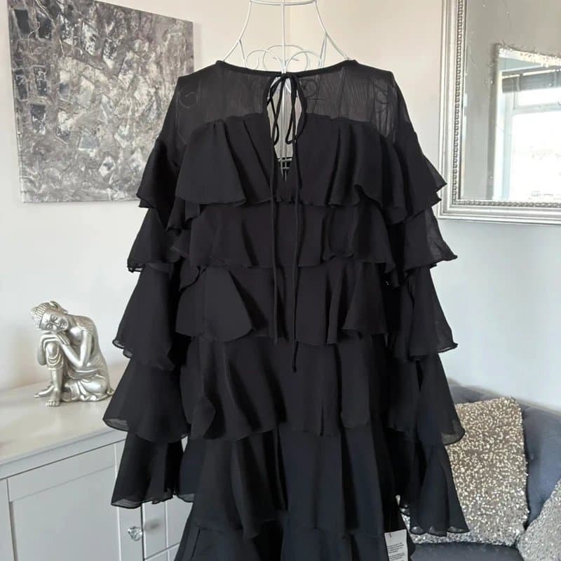 ASOS Black Chiffon Allover Tiered Round Tie Neck Long Fluted Sleeve Mini Dress 6