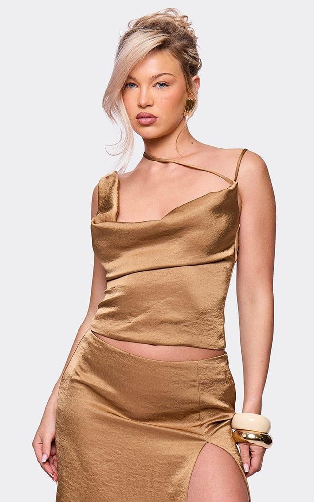 EGO Strappy Cowl Front Top In Dark Gold Textured Satin, Women's Size UK 8 - 2