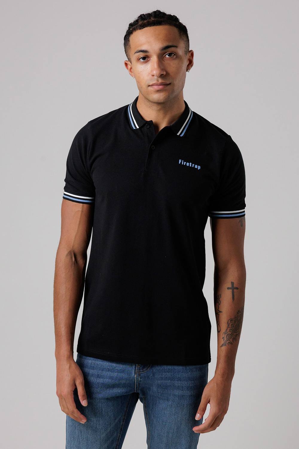 Firetrap Firetrap Men's Regular Fit Cotton Button Polo Shirt with Stripe Detail in Black - 2