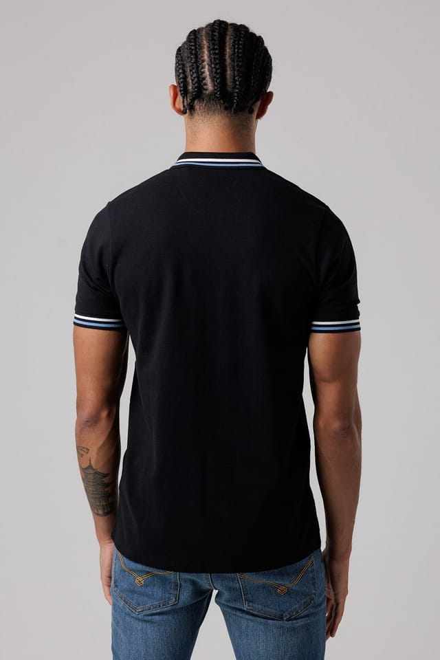 Firetrap Firetrap Men's Regular Fit Cotton Button Polo Shirt with Stripe Detail in Black - 2