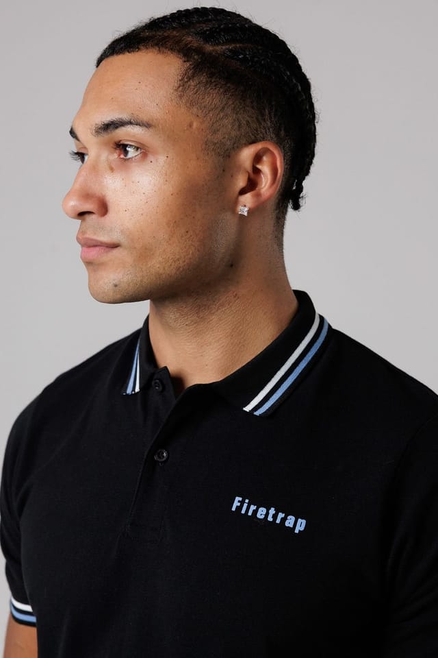 Firetrap Firetrap Men's Regular Fit Cotton Button Polo Shirt with Stripe Detail in Black - 3