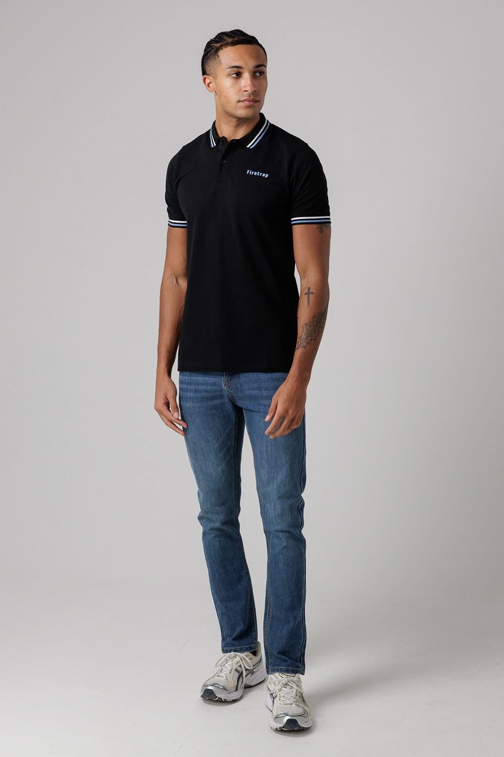 Firetrap Firetrap Men's Regular Fit Cotton Button Polo Shirt with Stripe Detail in Black - 4