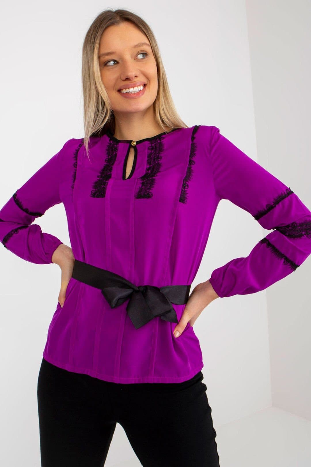 Love Lace Love Lace Women's Long Sleeve Lace Trim Tie Belt Blouse in Violet