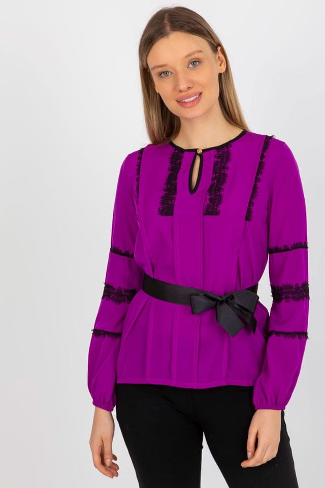 Love Lace Love Lace Women's Long Sleeve Lace Trim Tie Belt Blouse in Violet - 2