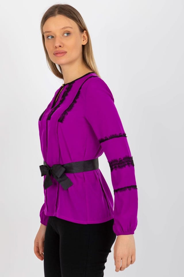 Love Lace Love Lace Women's Long Sleeve Lace Trim Tie Belt Blouse in Violet - 3