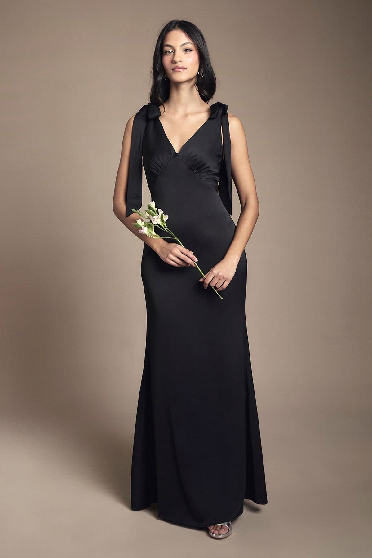 Coast Coast Women's Honoured Petite Satin Back Crepe V Neck Tie Shoulder Maxi Bridesmaid Dress in Black