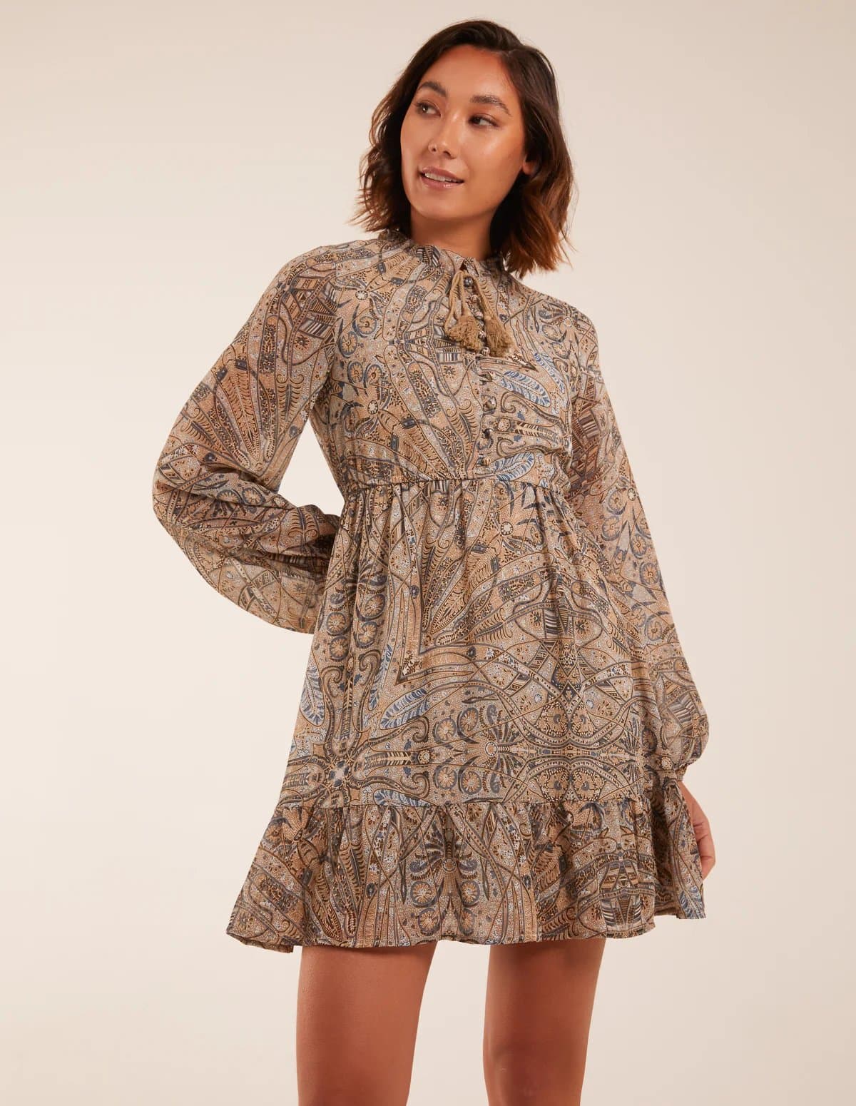 Blue Vanilla Paisley Tassel Front Mini Dress