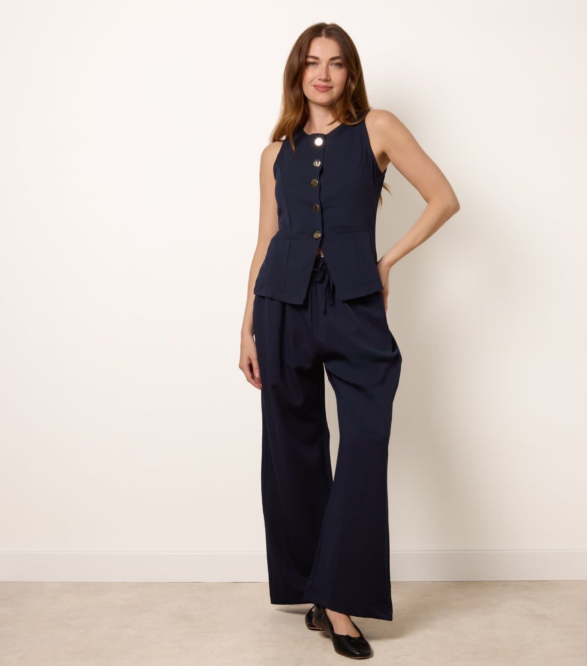 Blue Vanilla Women's Navy Button Vest and Trousers Set Blue Vanilla New Look