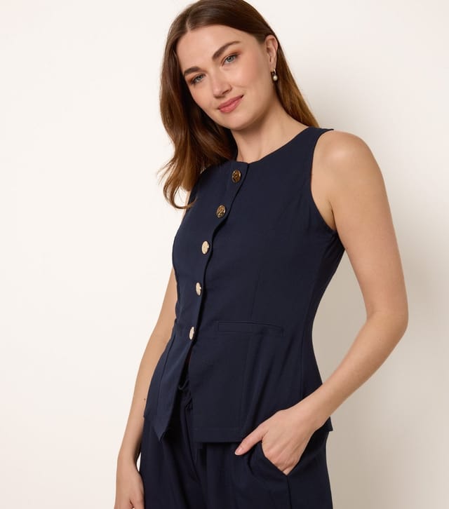 Blue Vanilla Women's Navy Button Vest and Trousers Set Blue Vanilla New Look - 2