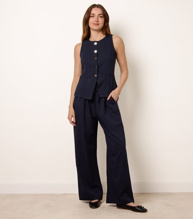 Blue Vanilla Women's Navy Button Vest and Trousers Set Blue Vanilla New Look - 3