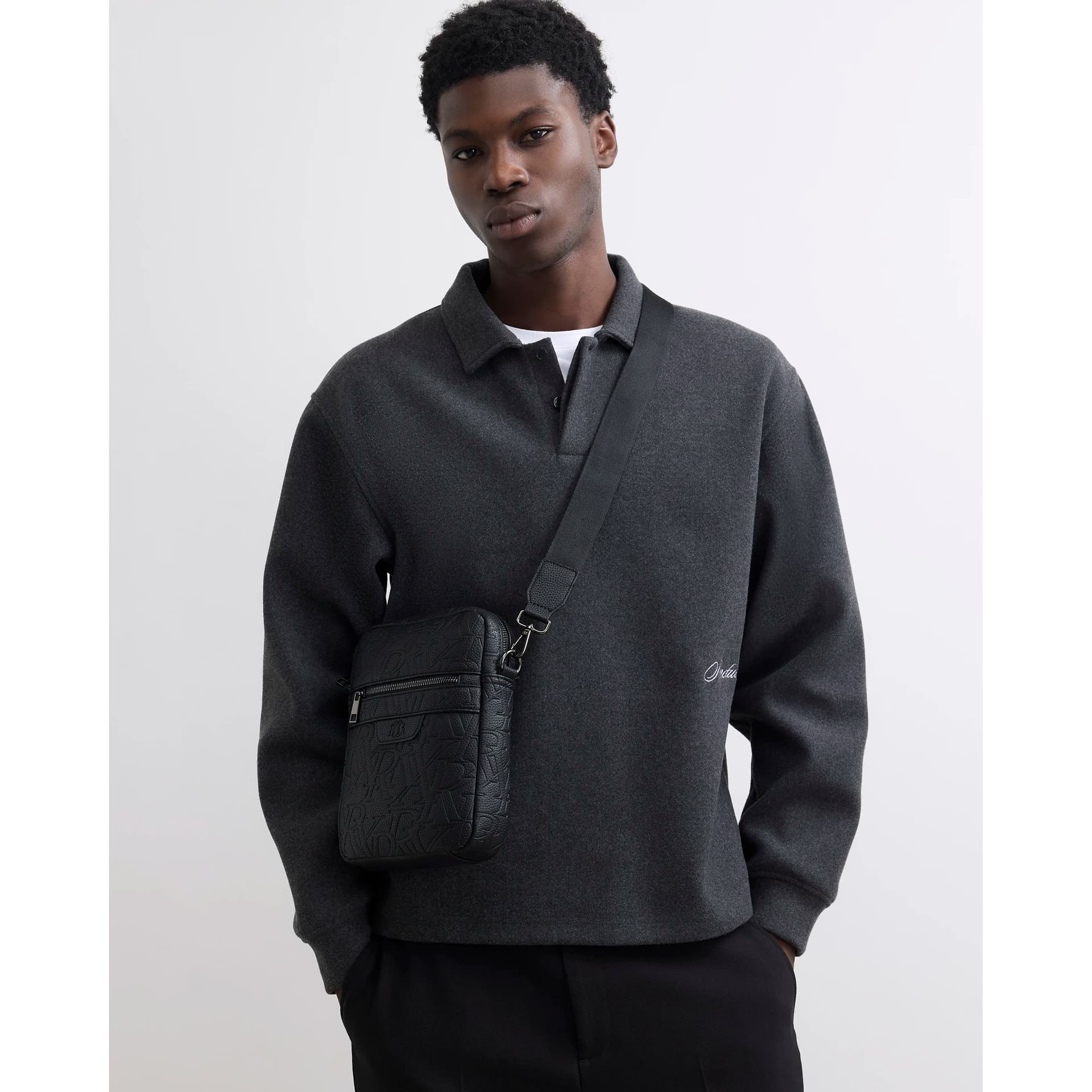 River Island Mens River Island Black Ri Monogram Crossbody Bag