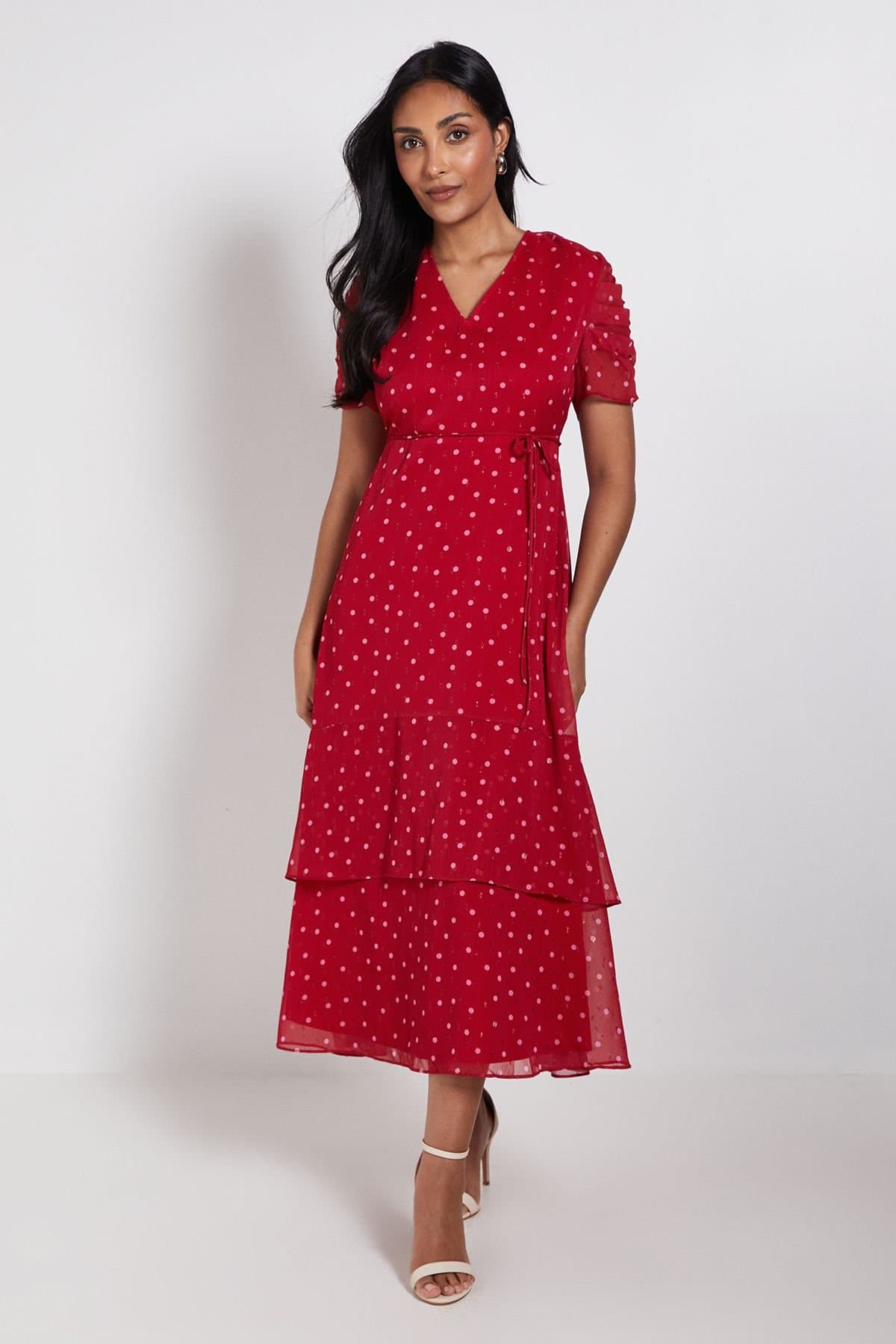 Wallis Wallis Women's Petite Polka Dot Glitter Ruffle Midi Dress in Red