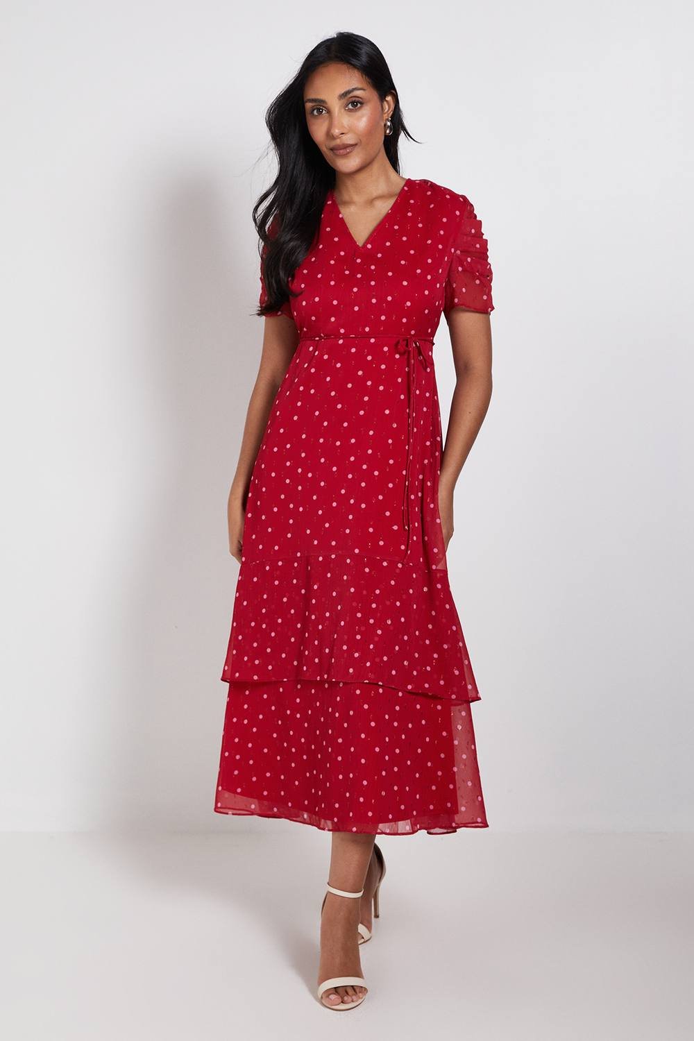 Wallis Wallis Women's Petite Polka Dot Glitter Ruffle Midi Dress in Red - 2