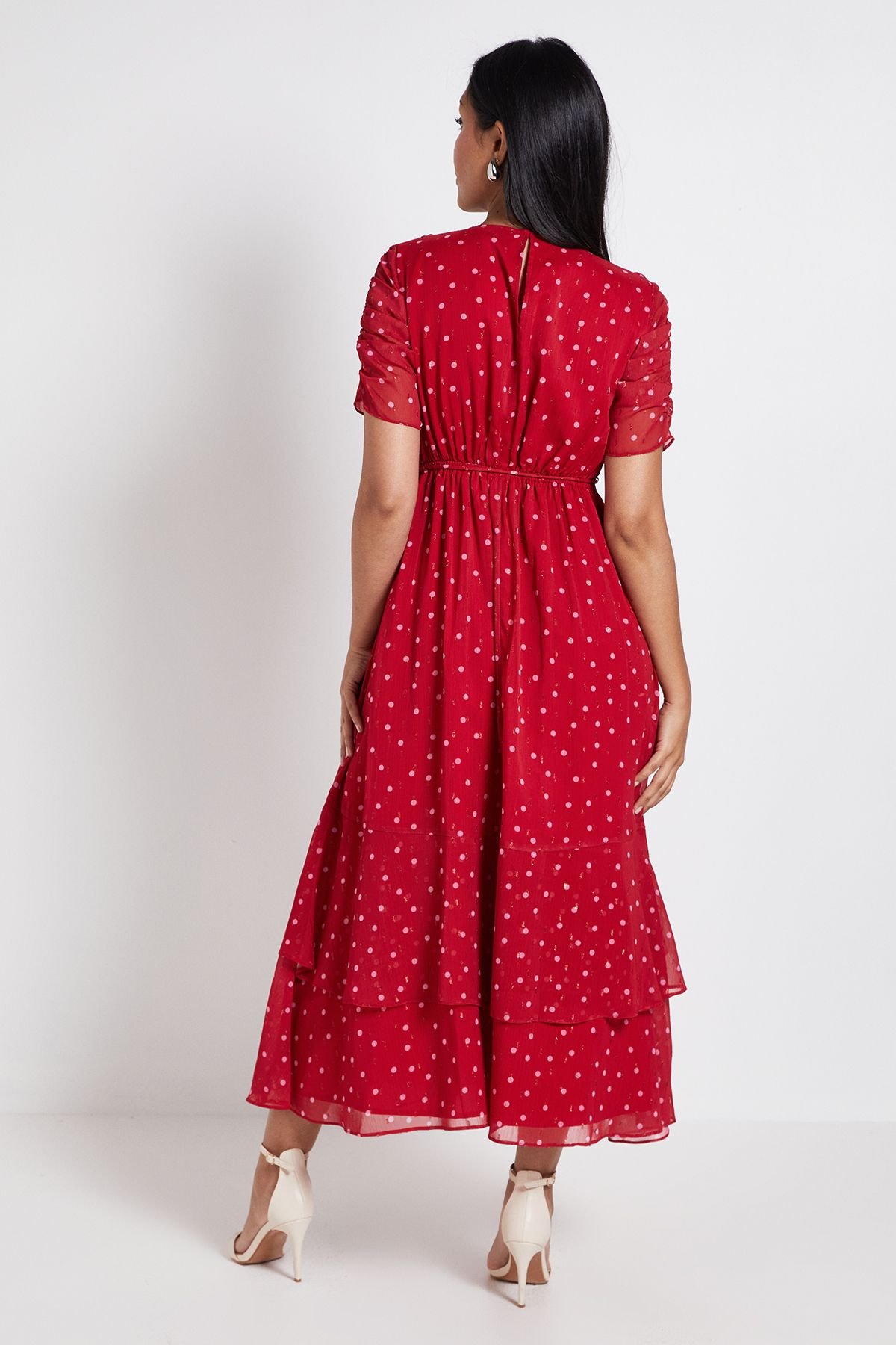 Wallis Wallis Women's Petite Polka Dot Glitter Ruffle Midi Dress in Red - 3