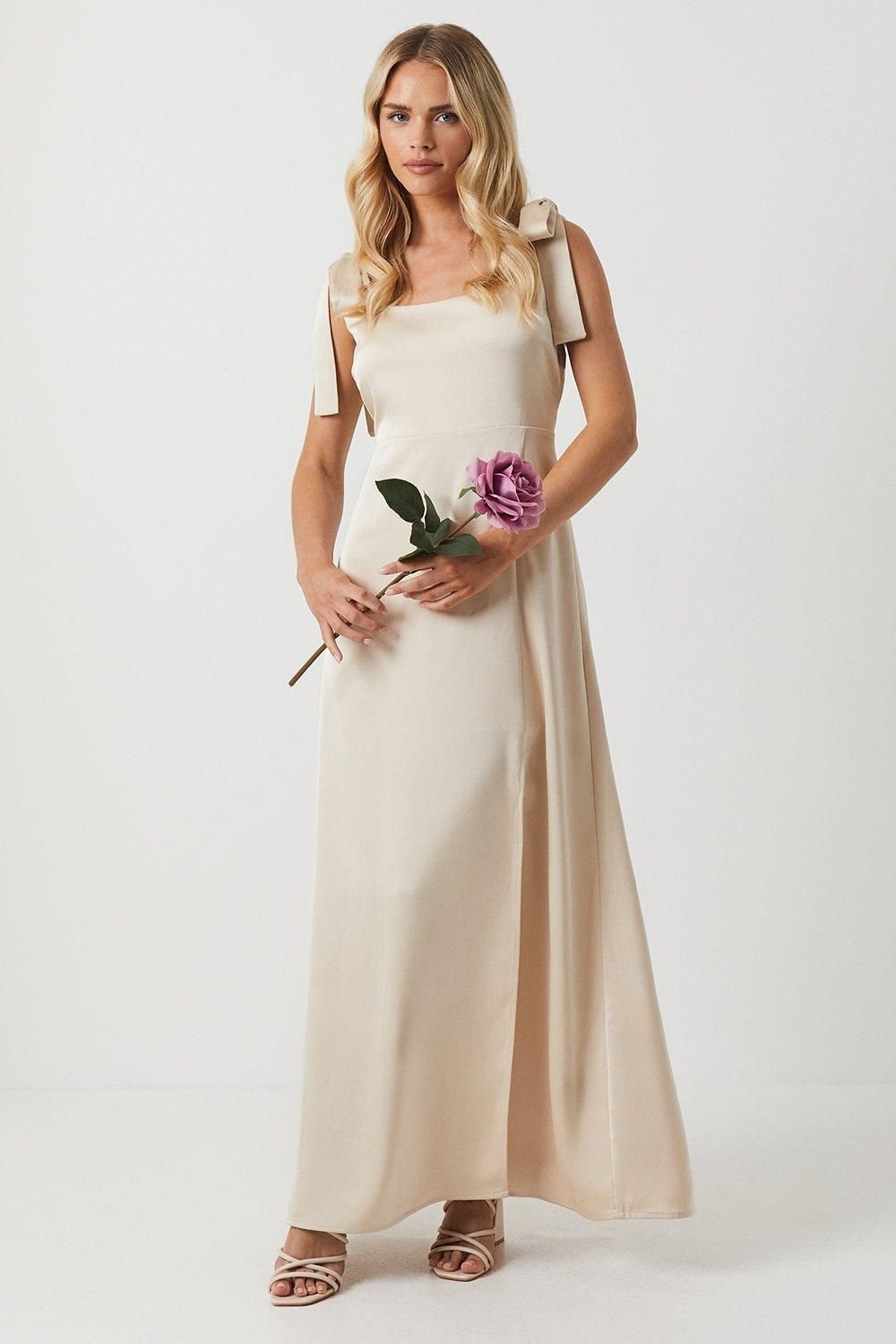 Oasis Oasis Women's Petite Satin Tie Shoulder Midi Bridesmaid Dress in Champagne - 2