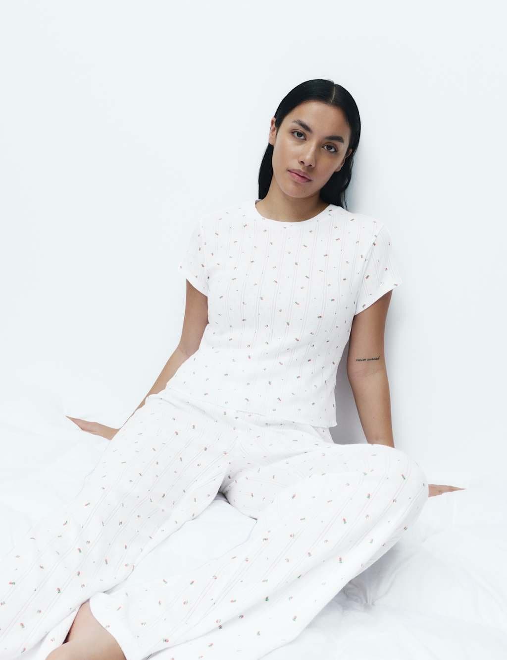 Marks & Spencer M&S Pure Cotton Pointelle Floral Pyjama Top White Mix