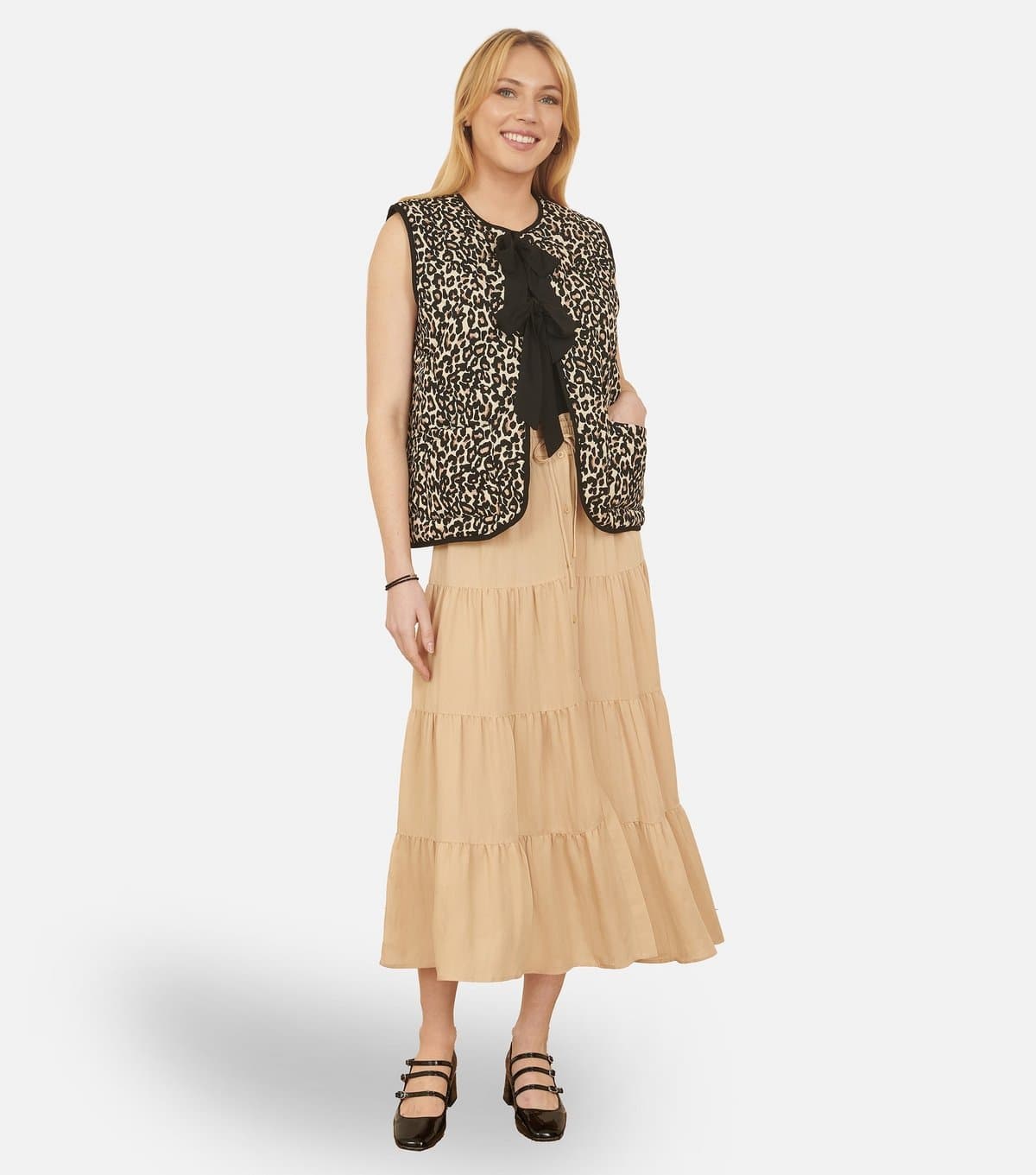 Yumi Women's Stone Button Front Tiered Gypsy Skirt Yumi New Look