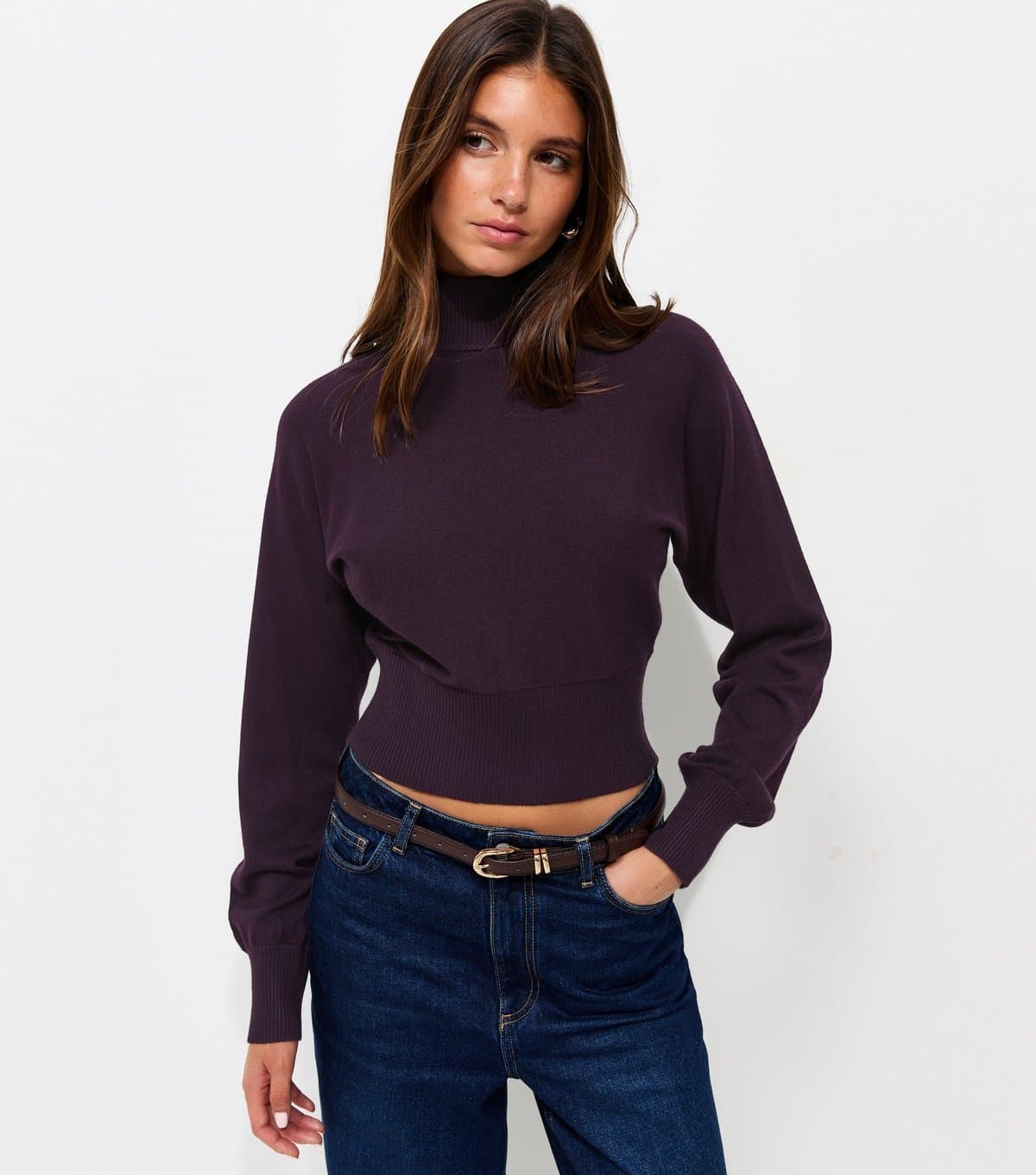 New Look Women's Dark Purple High Neck Batwing Sleeve Knitted Jumper New Look