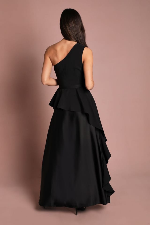 Coast Coast Women's One Shoulder Ruffle Detail Satin Maxi Dress in Black - 3