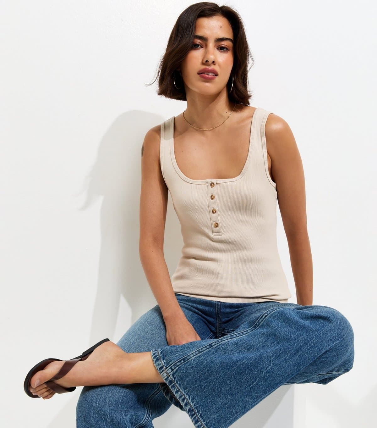 New Look Women's Stone Henley Button Front Vest Top New Look