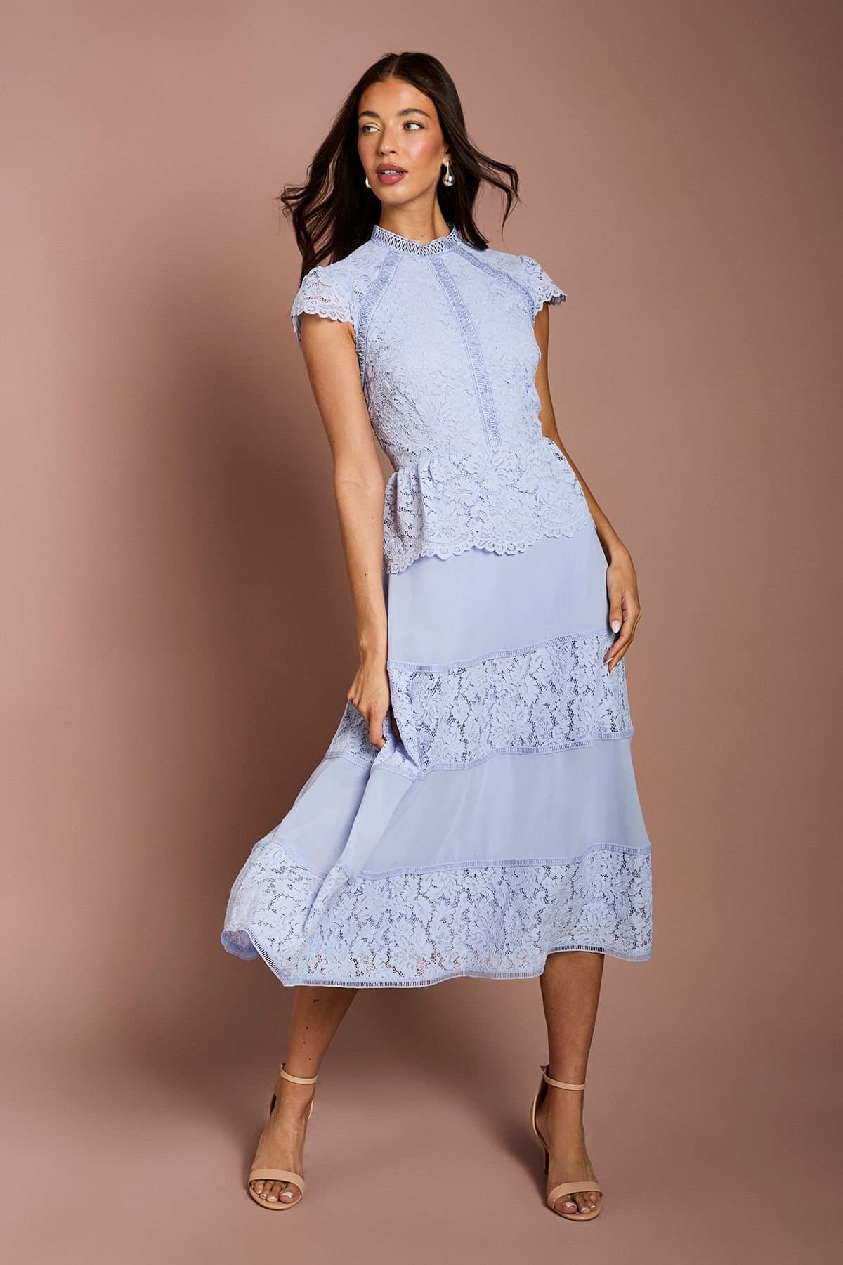 Coast Coast Women's Lace Bodice Pleated Skirt Midi Dress in Cornflower Blue