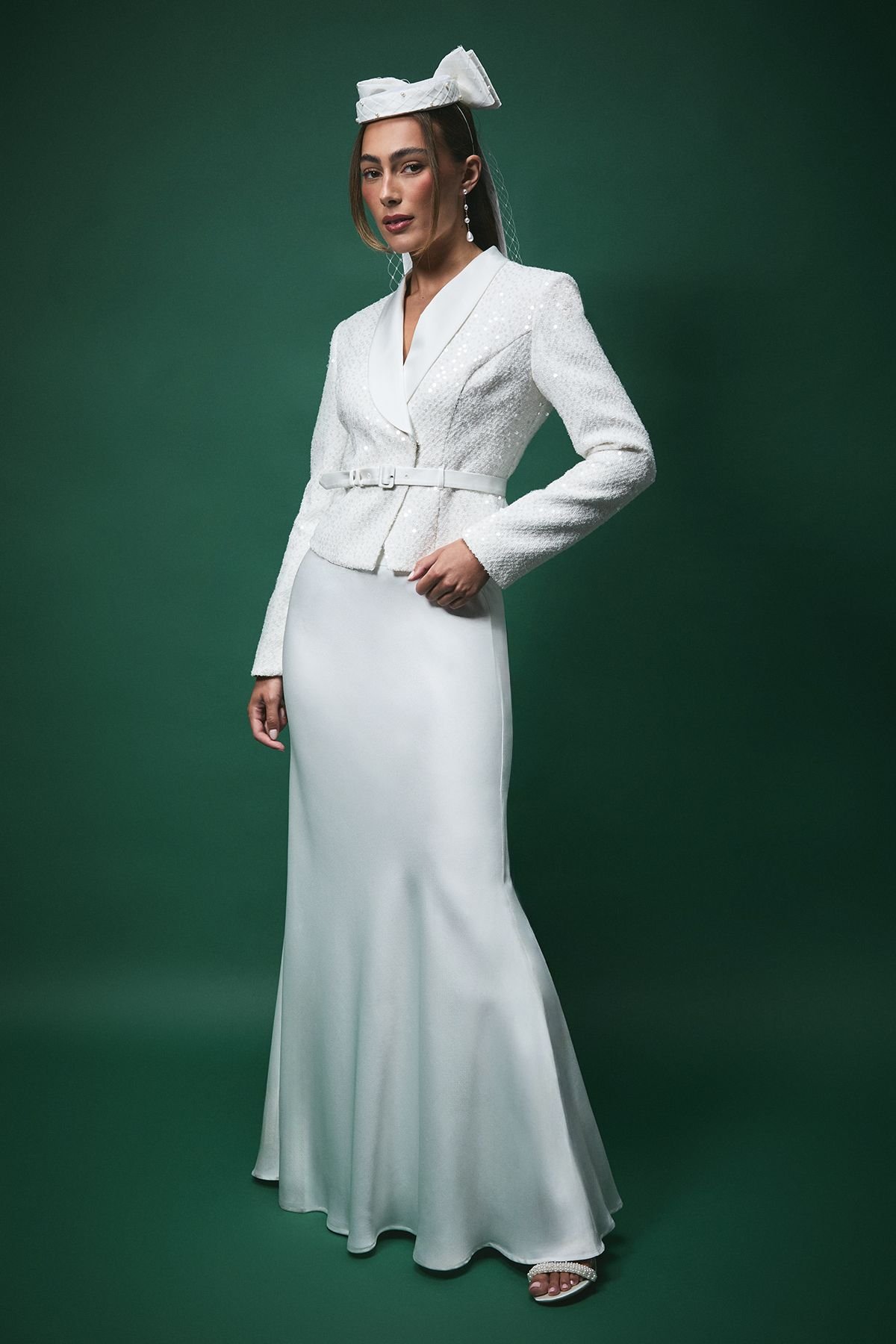 Coast Coast Women's Lisa Tan Boucle Sequin Fitted Jacket With Belt in White - 4