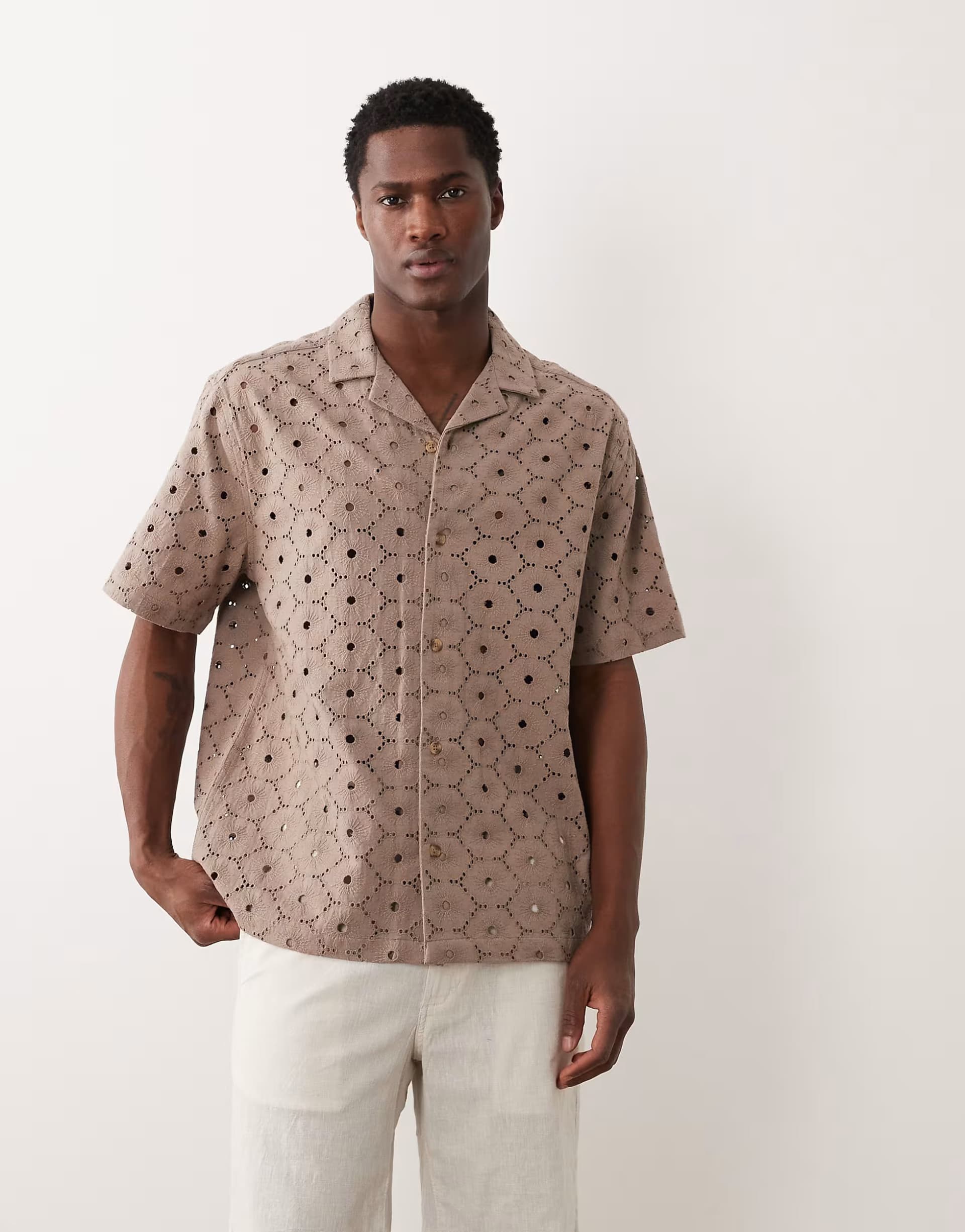 ASOS ASOS DESIGN relaxed revere broderie shirt with linen in brown
