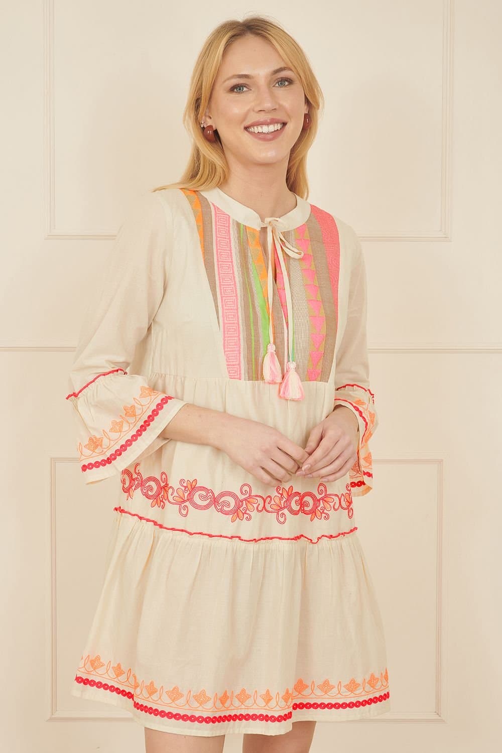 Yumi Yumi Women's White Embroidered Cotton Tunic in Beige