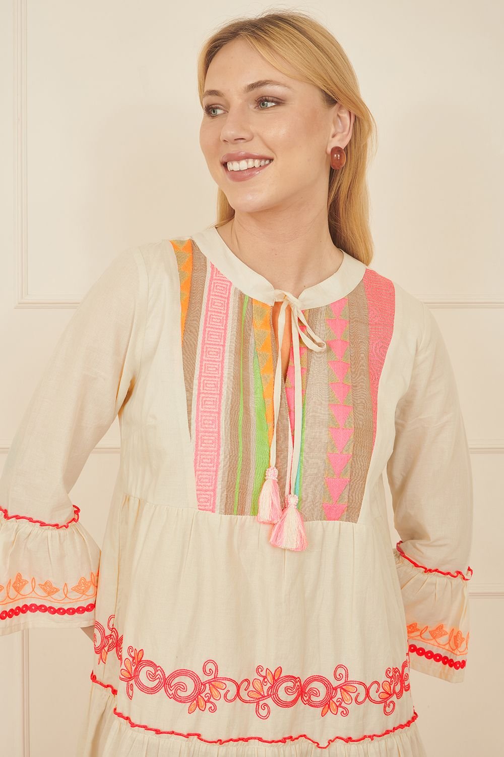 Yumi Yumi Women's White Embroidered Cotton Tunic in Beige - 4