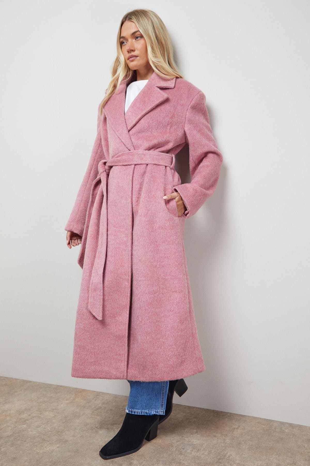 Oasis Oasis Women's Brushed Belted Coat in Pink
