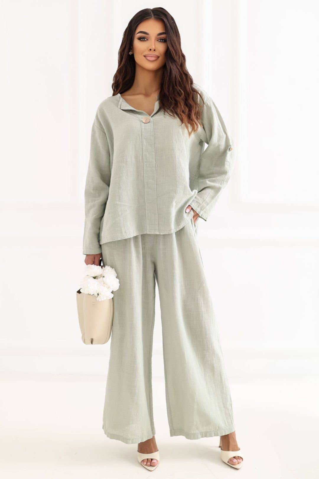 Love Lace Love Lace Women's High Waist Cotton Wide Leg Trousers with Tie in Green