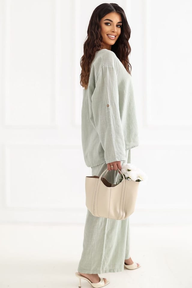 Love Lace Love Lace Women's High Waist Cotton Wide Leg Trousers with Tie in Green - 3