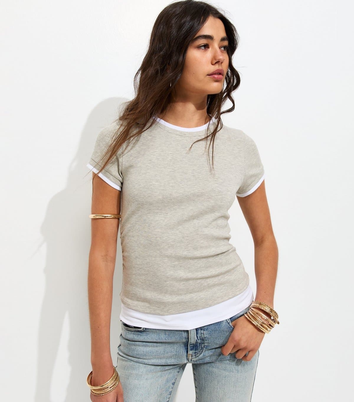 New Look Women's Marl Grey Ruched Side 2 In 1 Baby Tee T-Shirt New Look