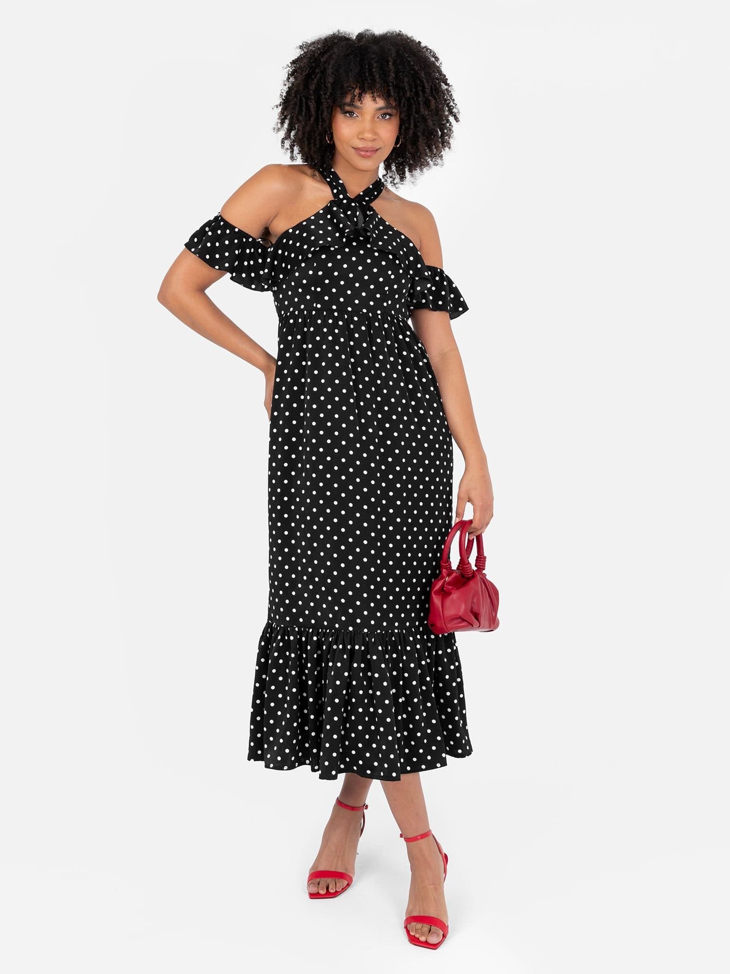 Lovedrobe Lovedrobe Women's Polka Dot Cold Shoulder Halter Neck Midaxi Dress in Black