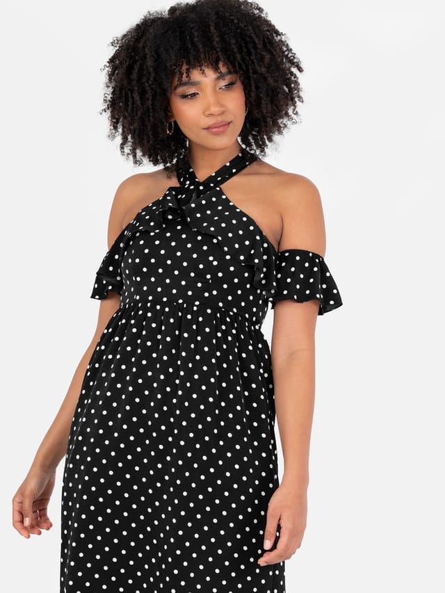 Lovedrobe Lovedrobe Women's Polka Dot Cold Shoulder Halter Neck Midaxi Dress in Black - 2