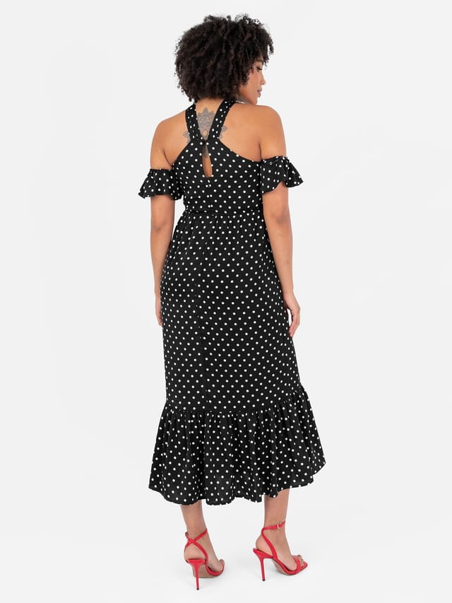 Lovedrobe Lovedrobe Women's Polka Dot Cold Shoulder Halter Neck Midaxi Dress in Black - 3