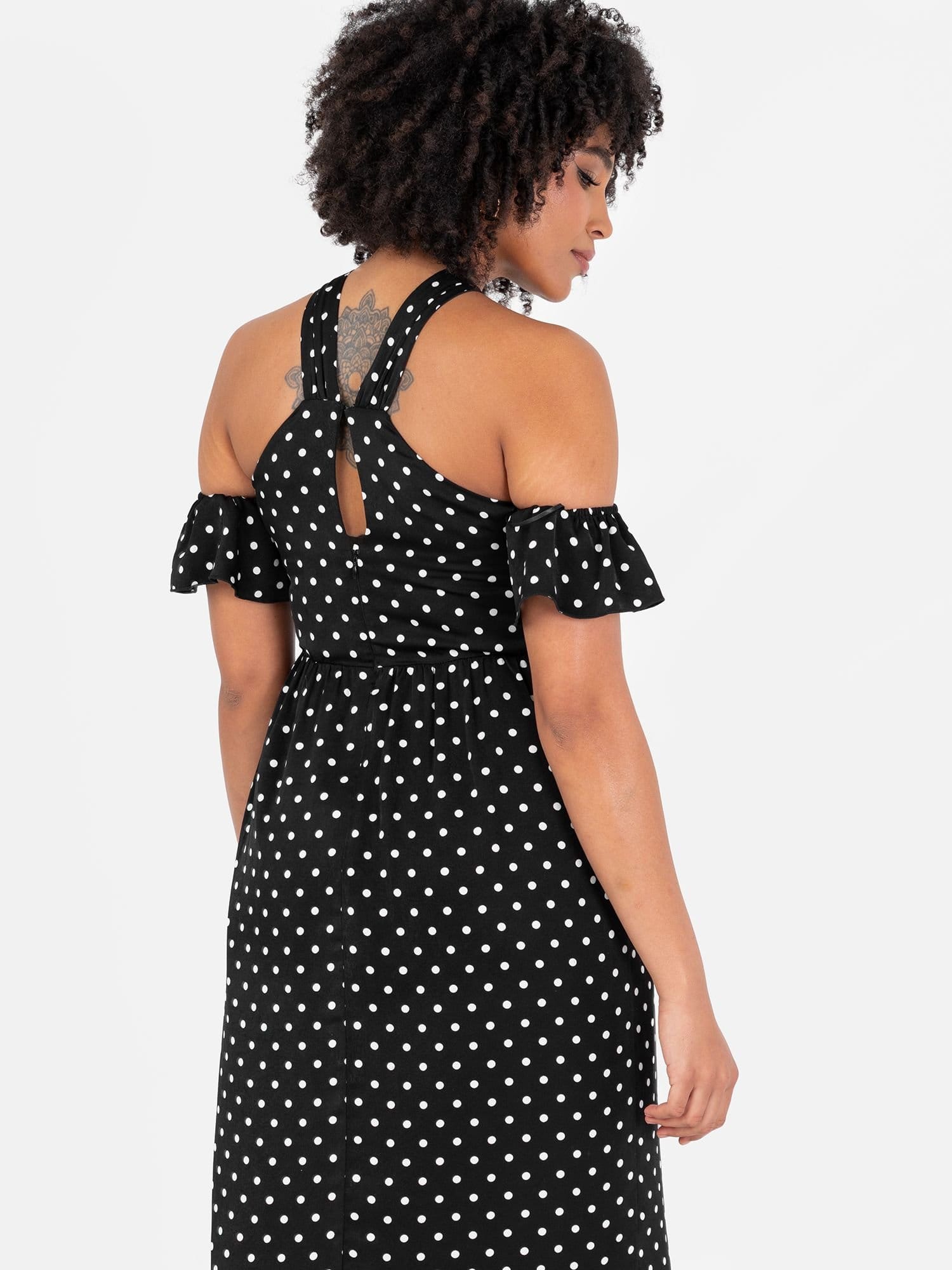 Lovedrobe Lovedrobe Women's Polka Dot Cold Shoulder Halter Neck Midaxi Dress in Black - 4