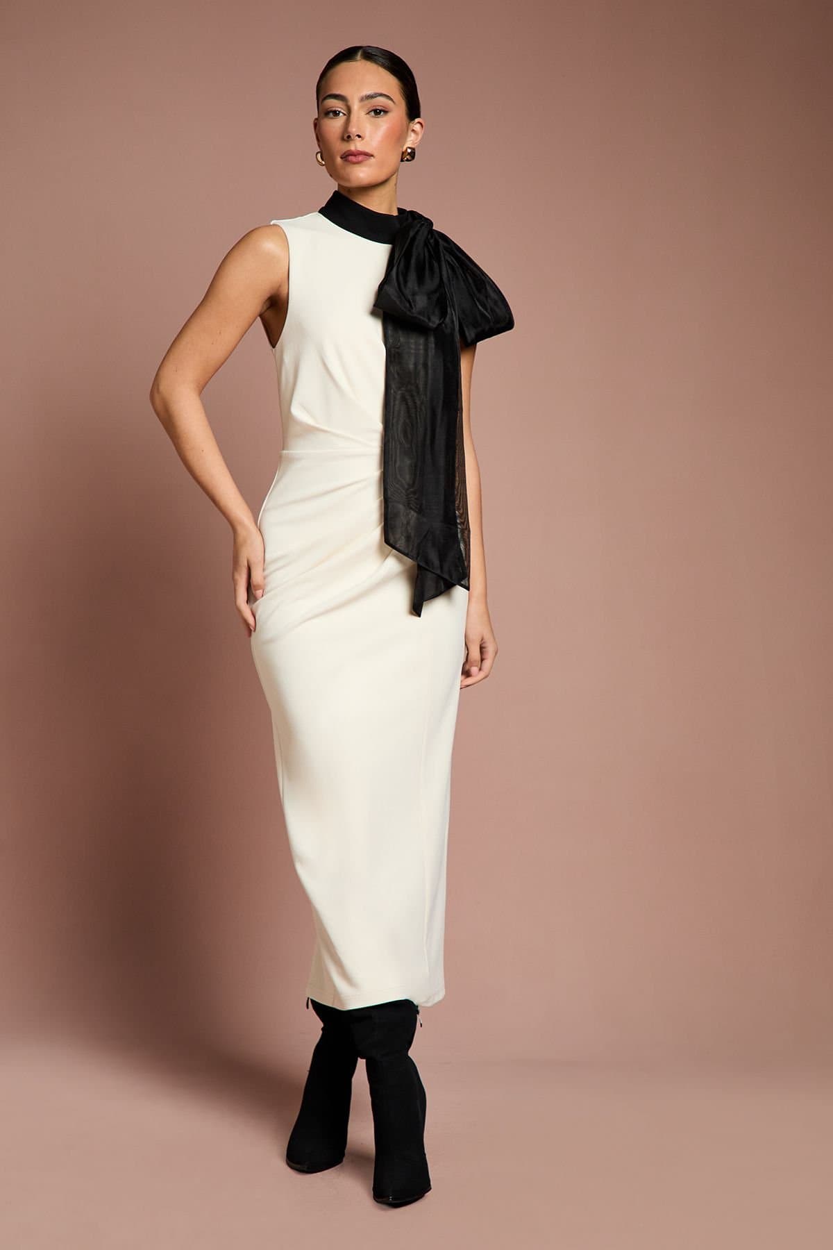 Coast Coast Women's Lisa Tan Stretch Crepe Organza Pussybow Column Midi Dress in Cream