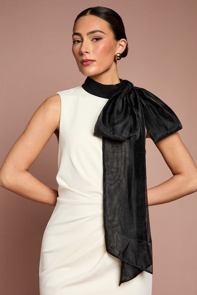 Coast Coast Women's Lisa Tan Stretch Crepe Organza Pussybow Column Midi Dress in Cream - 2