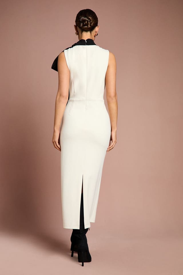 Coast Coast Women's Lisa Tan Stretch Crepe Organza Pussybow Column Midi Dress in Cream - 3