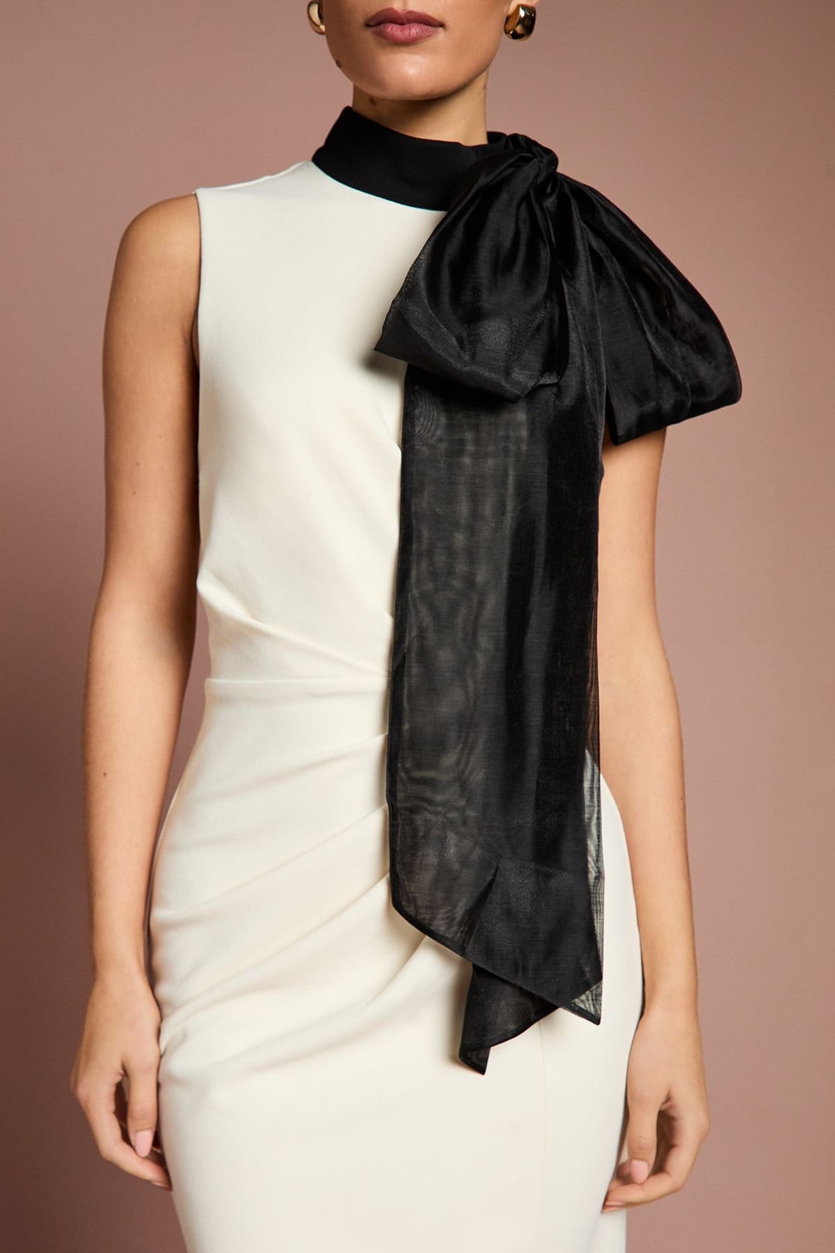 Coast Coast Women's Lisa Tan Stretch Crepe Organza Pussybow Column Midi Dress in Cream - 4