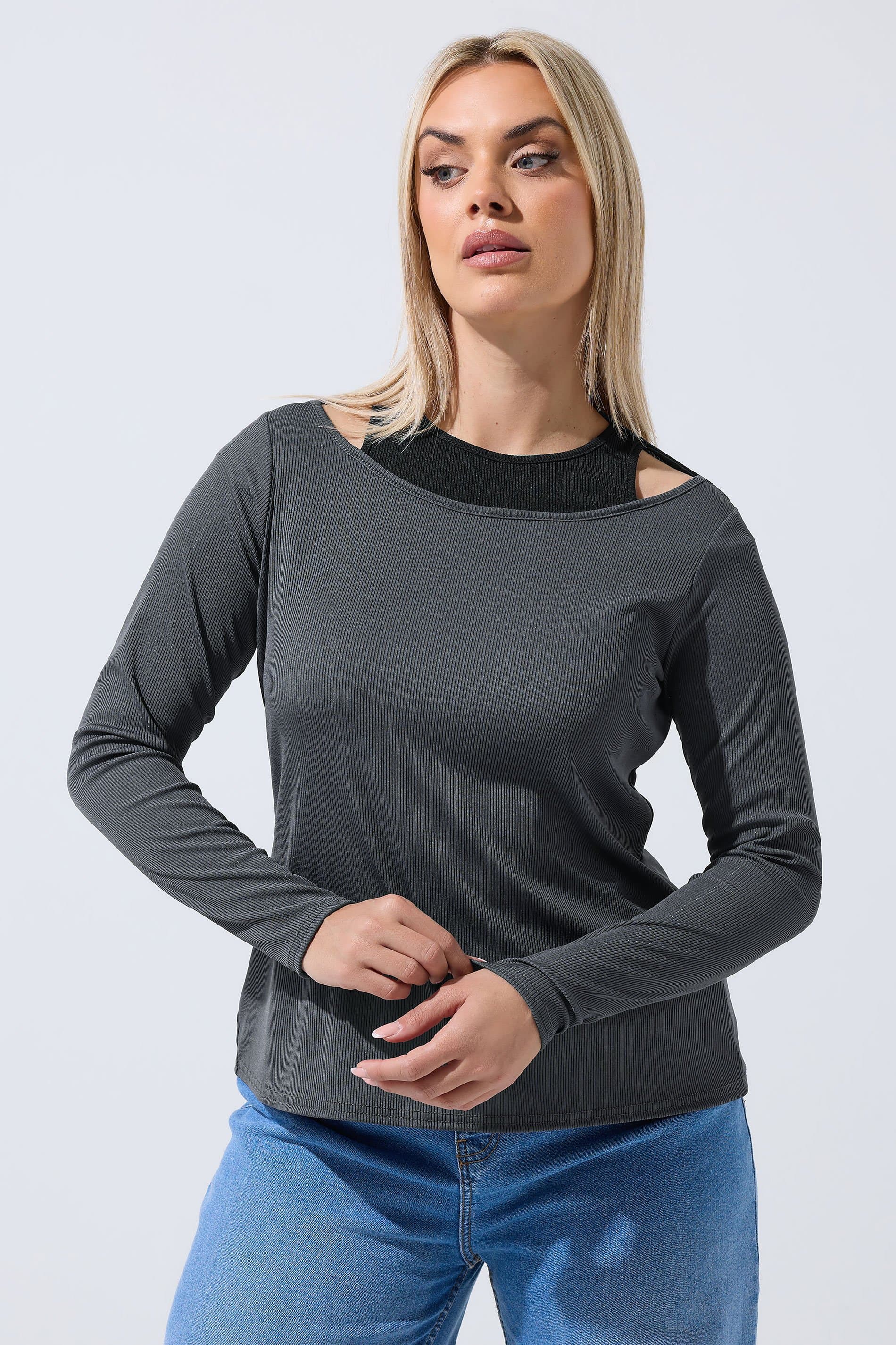 Limited Collection Plus Size Grey 2In1 Ribbed Long Sleeve Tshirt