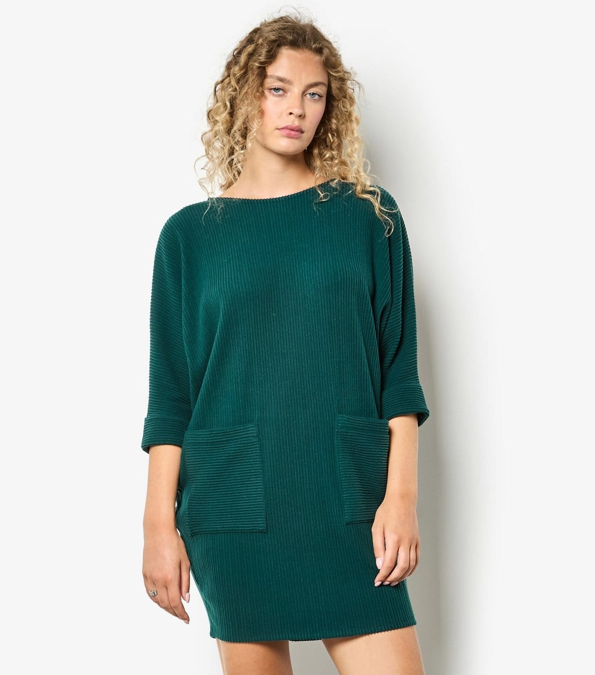 Apricot Dark Green Ribbed Cocoon Dress