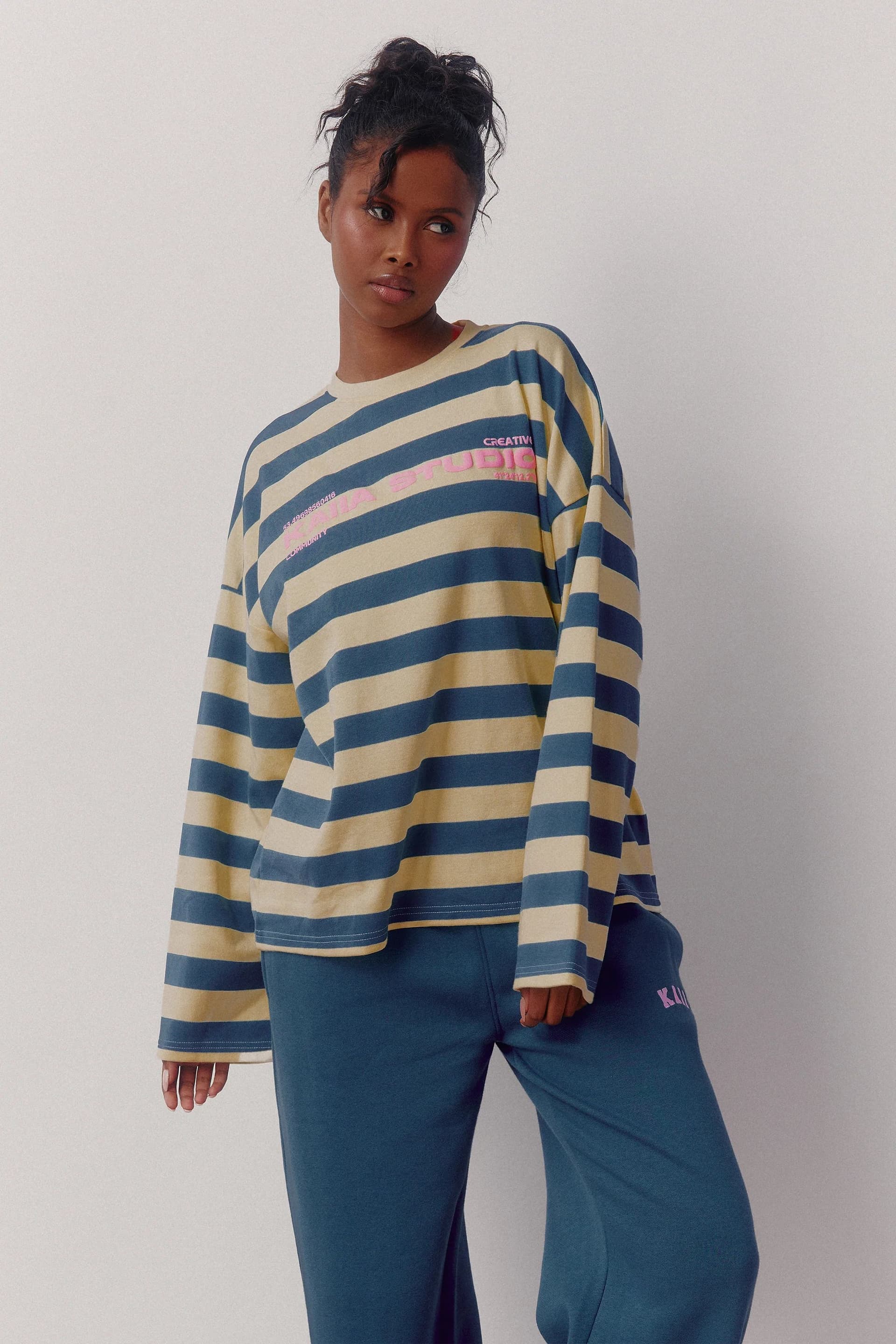 Kaiia Kaiia Graphic Striped Oversized T-shirt Deep Teal & Lemon