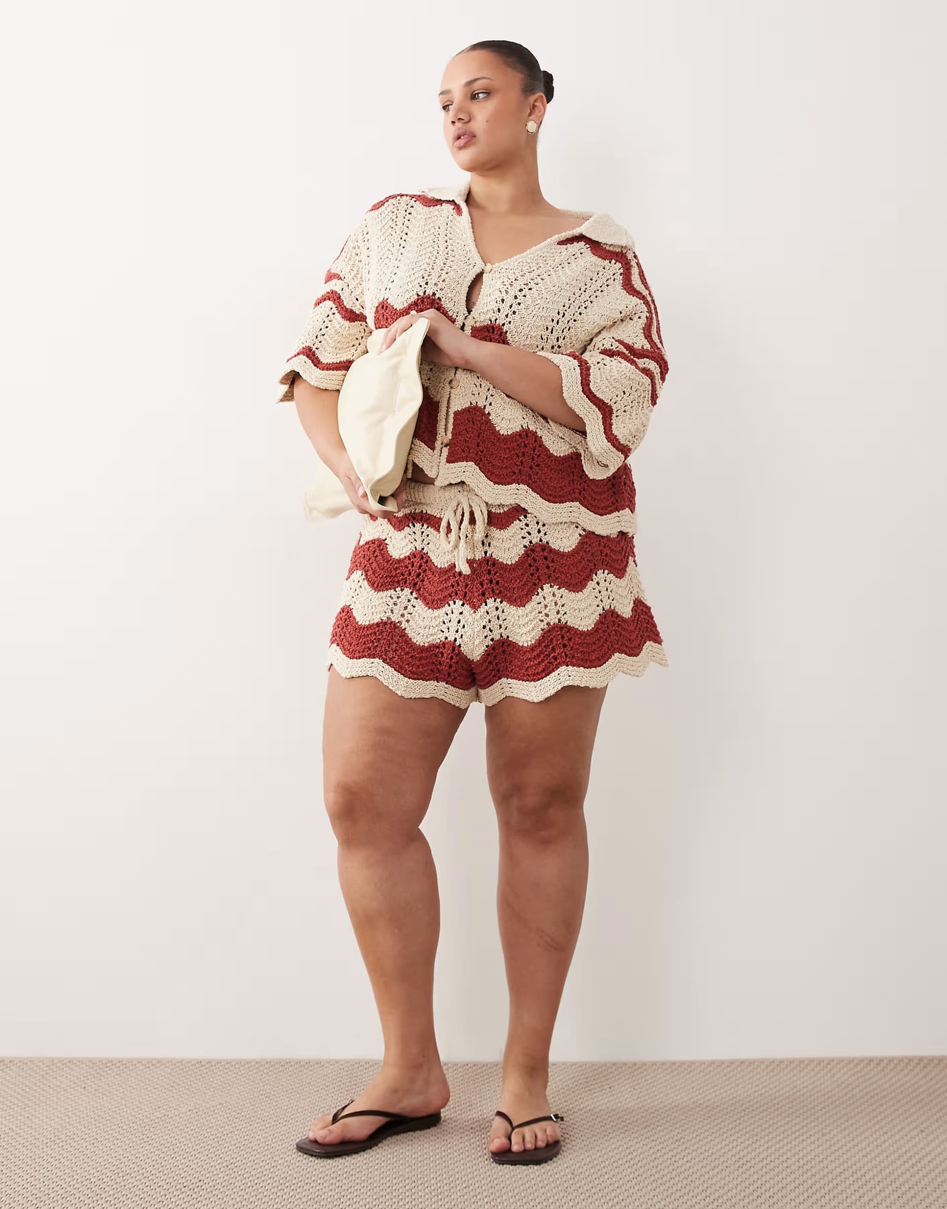 ASOS ARRANGE Curve co-ord stripe crochet shorts in rust and beige
